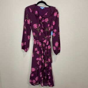 DRAPER JAMES RSVP Long Sleeve Ruffle‎ Midi Dress plum floral true wrap dress
